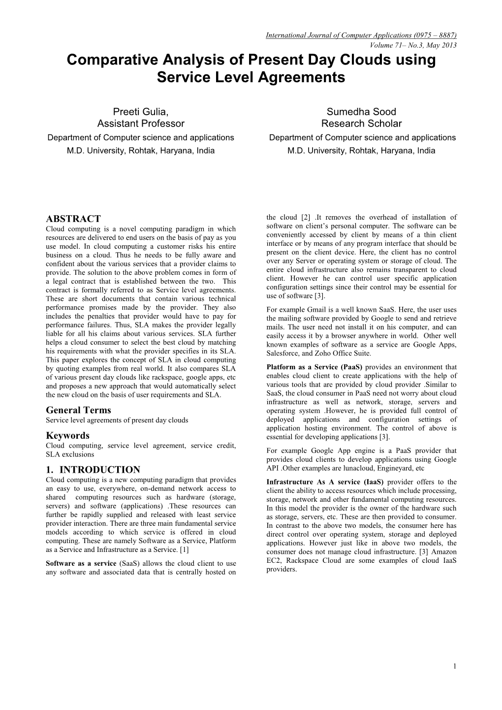 Comparative Analysis of Present Day Clouds Using Service Level Agreements