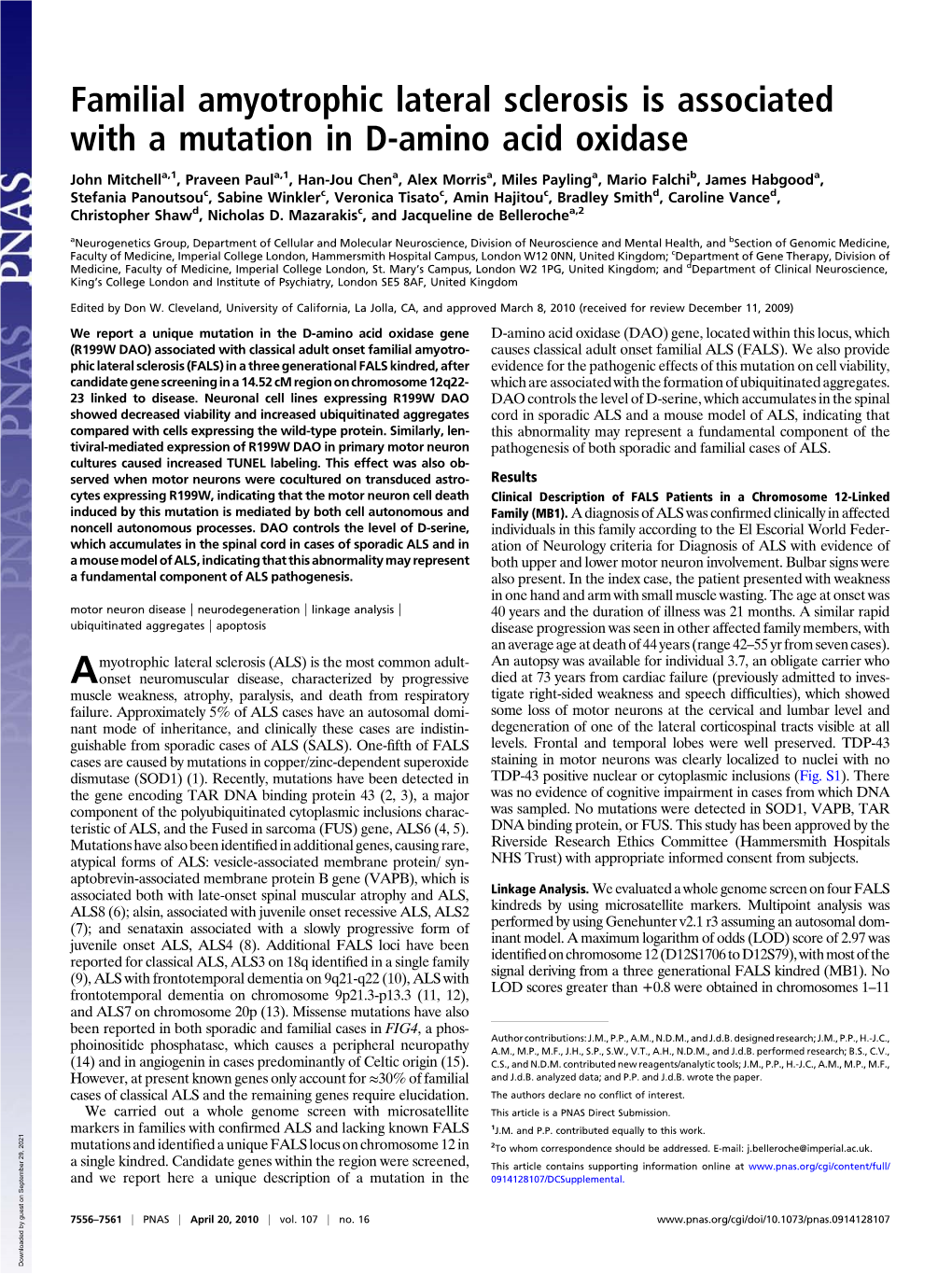 Familial Amyotrophic Lateral Sclerosis Is Associated with a Mutation in D-Amino Acid Oxidase