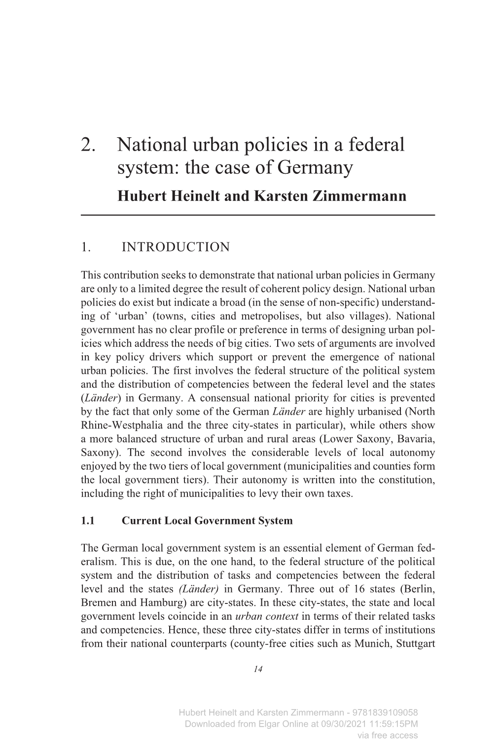 2. National Urban Policies in a Federal System: the Case of Germany Hubert Heinelt and Karsten Zimmermann