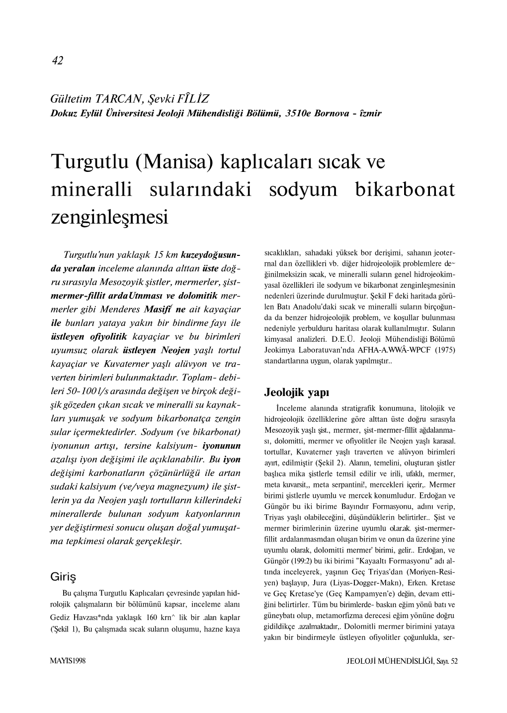 (Manisa) Kaplıcaları Sıcak Ve Mineralli Sularındaki Sodyum Bikarbonat Zenginleşmesi