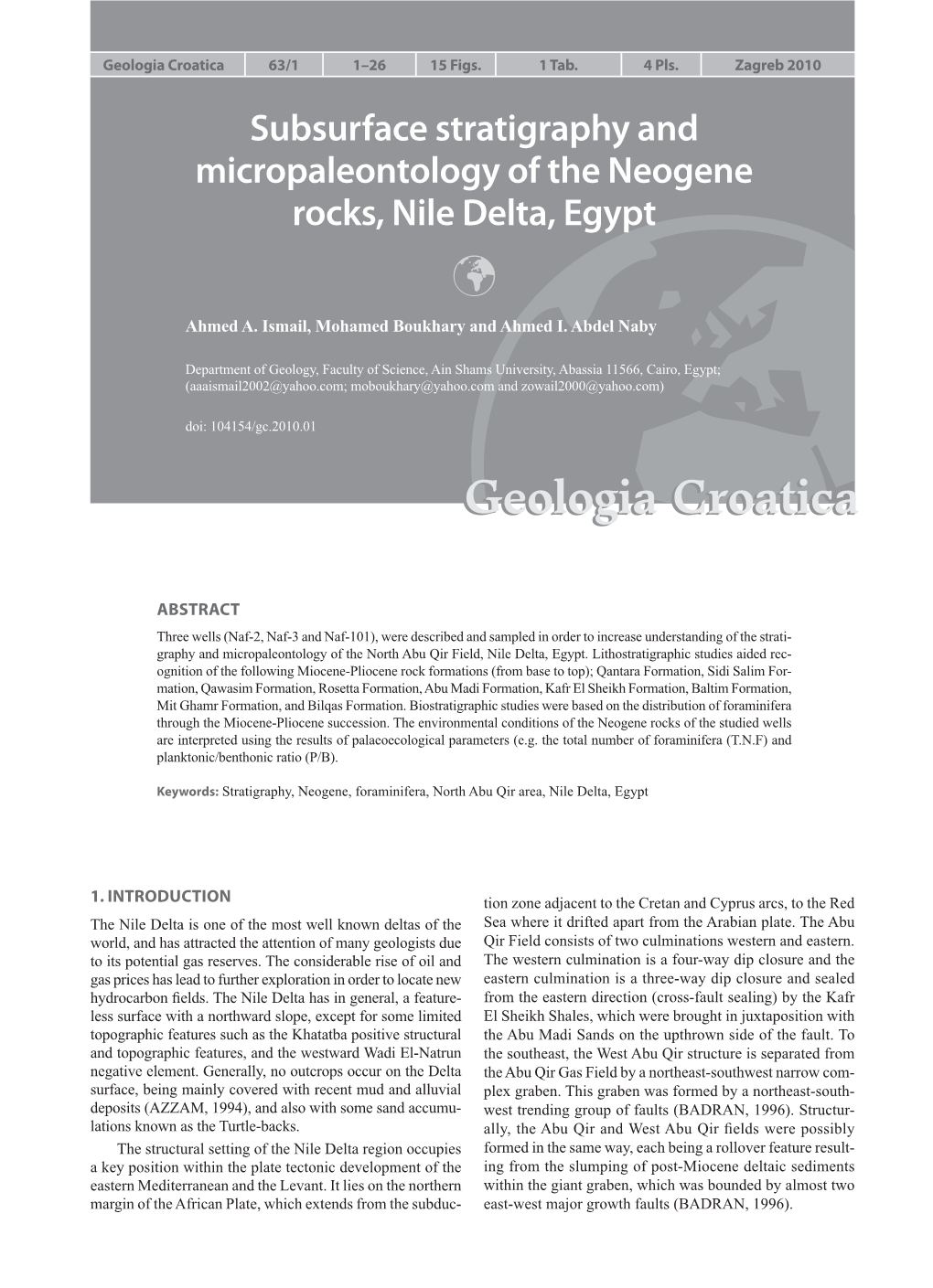 Subsurface Stratigraphy and Micropaleontology of the Neogene Rocks, Nile Delta, Egypt 