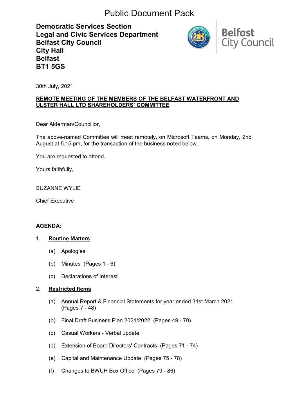 (Public Pack)Combined Pack Agenda Supplement for Belfast Waterfront and Ulster Hall Ltd Shareholders' Committee, 02/08/2021 1