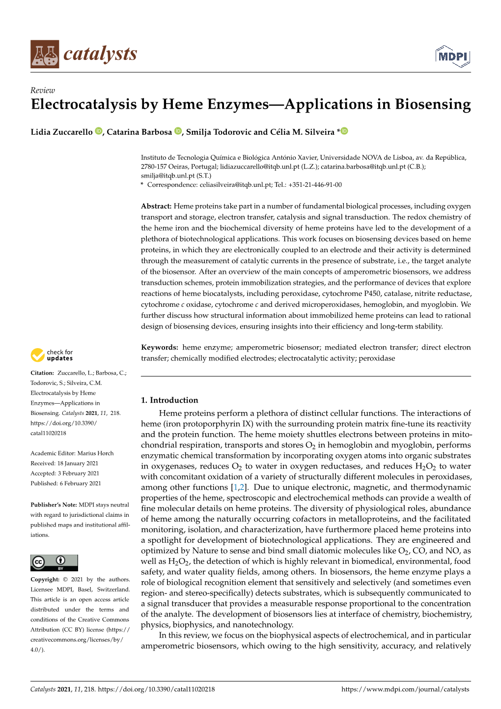 Electrocatalysis by Heme Enzymes—Applications in Biosensing