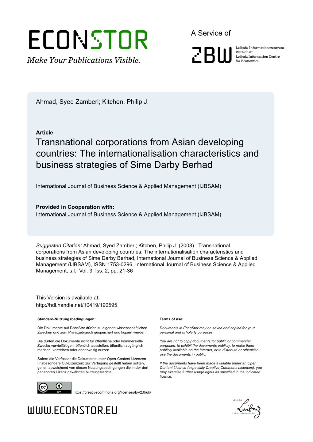 The Internationalisation Characteristics and Business Strategies of Sime Darby Berhad