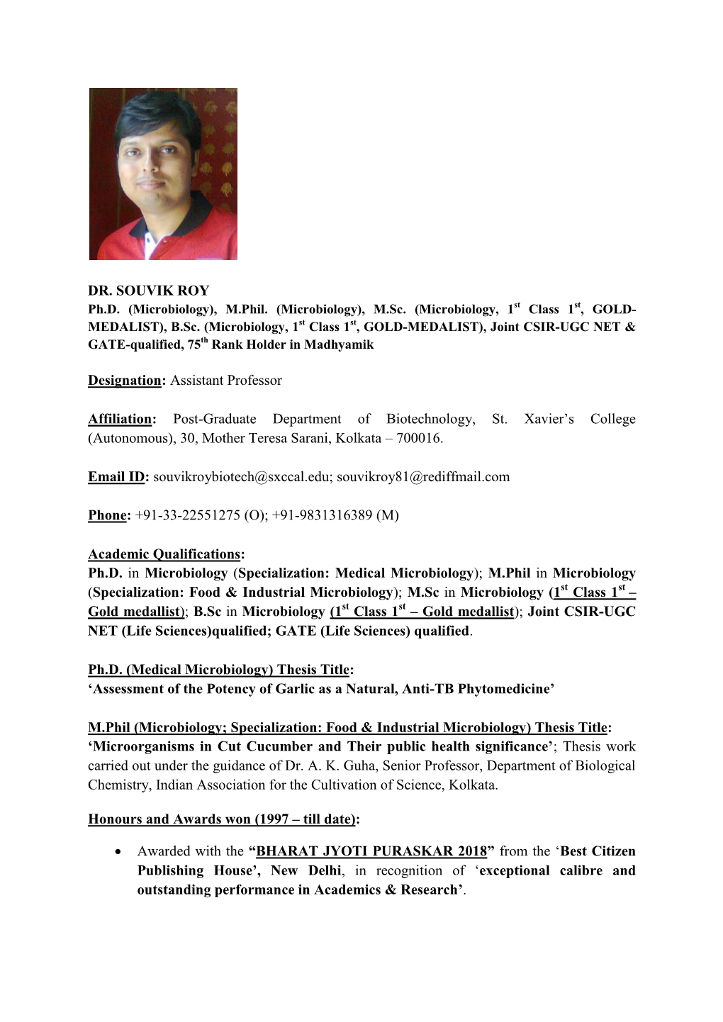 DR. SOUVIK ROY Designation