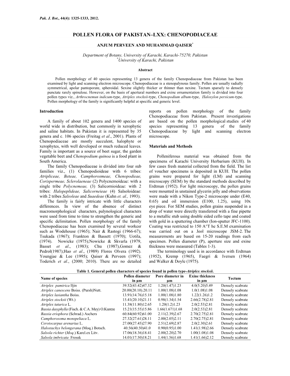 Pollen Flora of Pakistan–Lxx: Chenopodiaceae