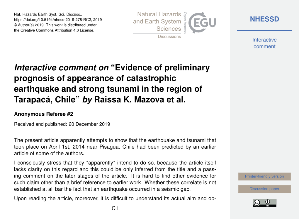 Evidence of Preliminary Prognosis of Appearance of Catastrophic Earthquake and Strong Tsunami in the Region of Tarapacá, Chile” by Raissa K