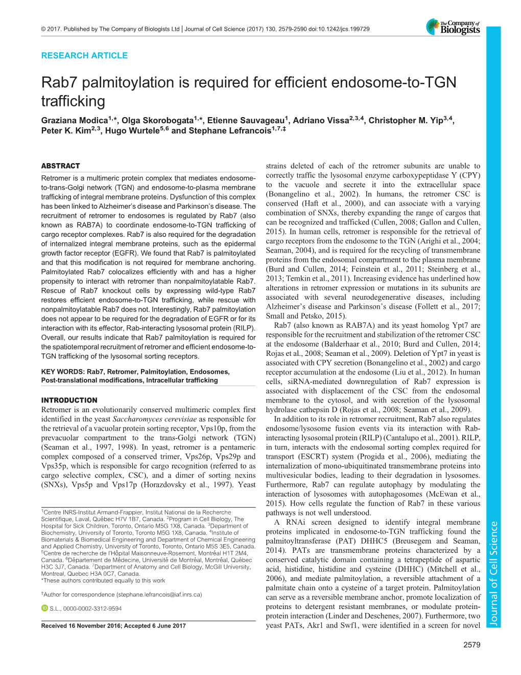 Rab7 Palmitoylation Is Required for Efficient Endosome-To-TGN Trafficking