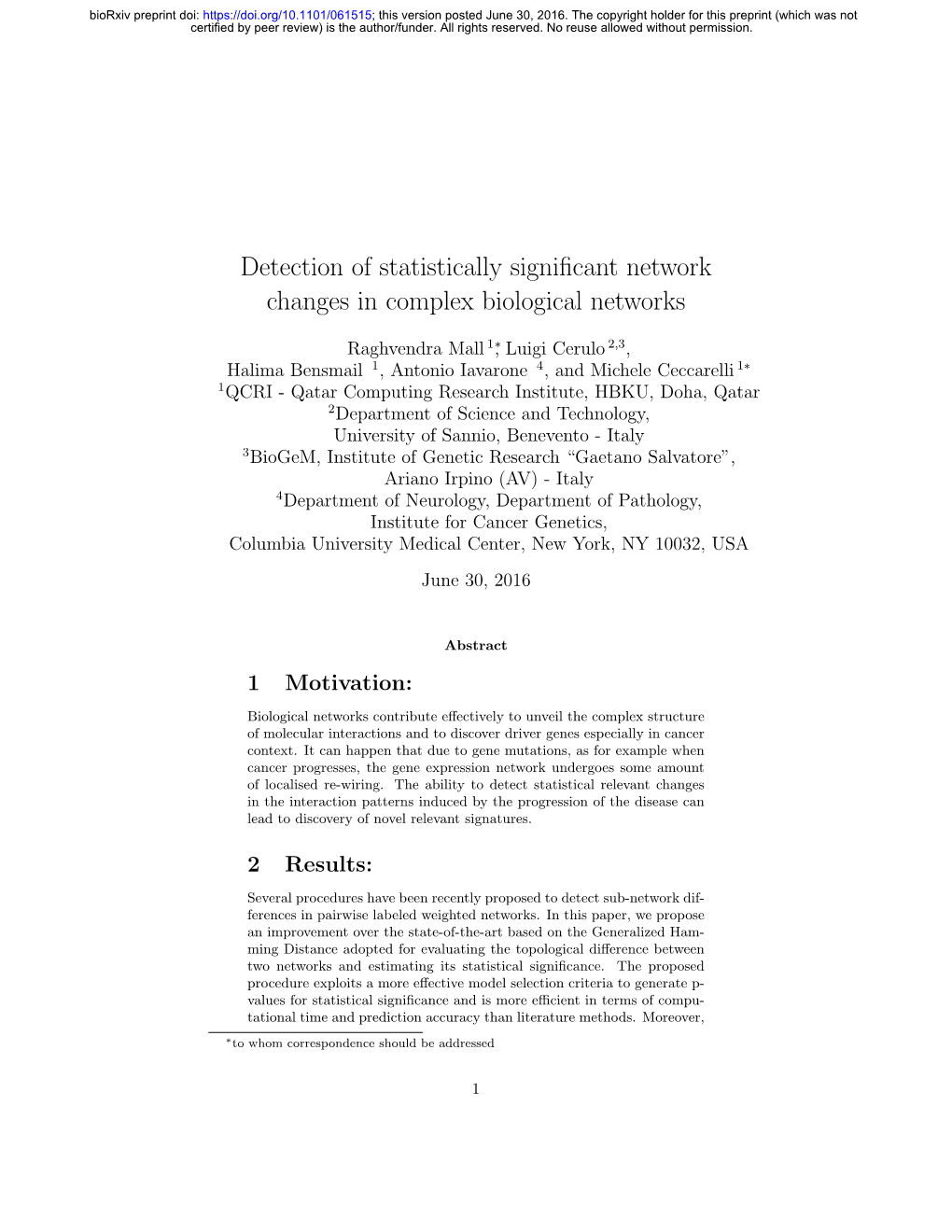 Detection of Statistically Significant Network Changes in Complex Biological Networks
