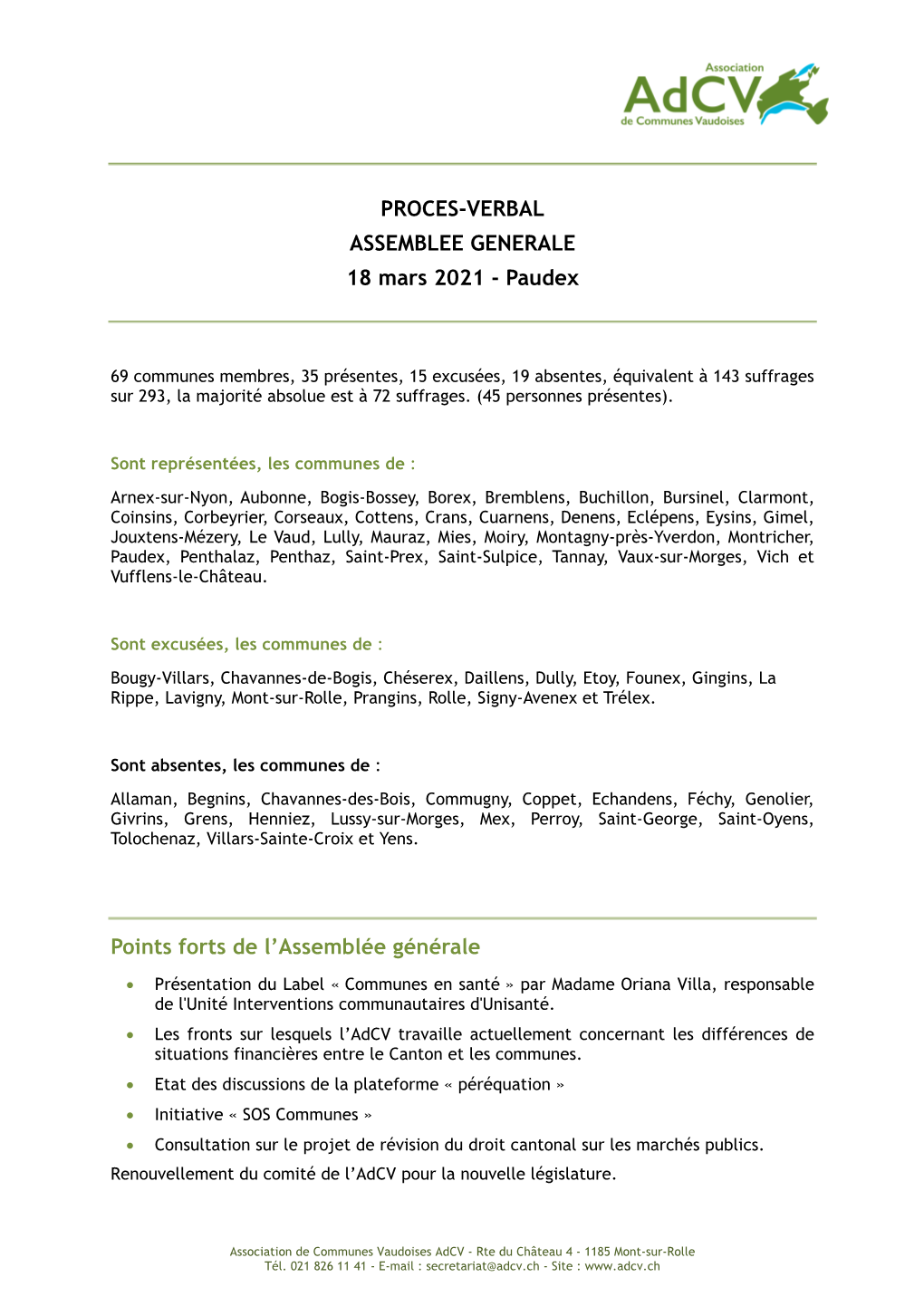 PROCES-VERBAL ASSEMBLEE GENERALE 18 Mars 2021 - Paudex