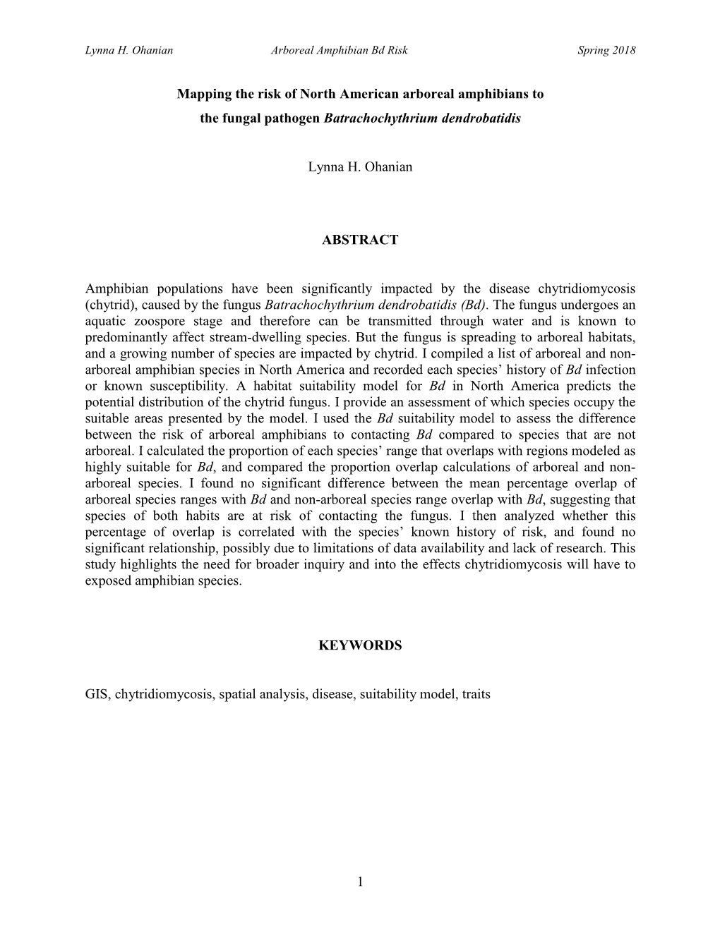 1 Mapping the Risk of North American Arboreal Amphibians to the Fungal