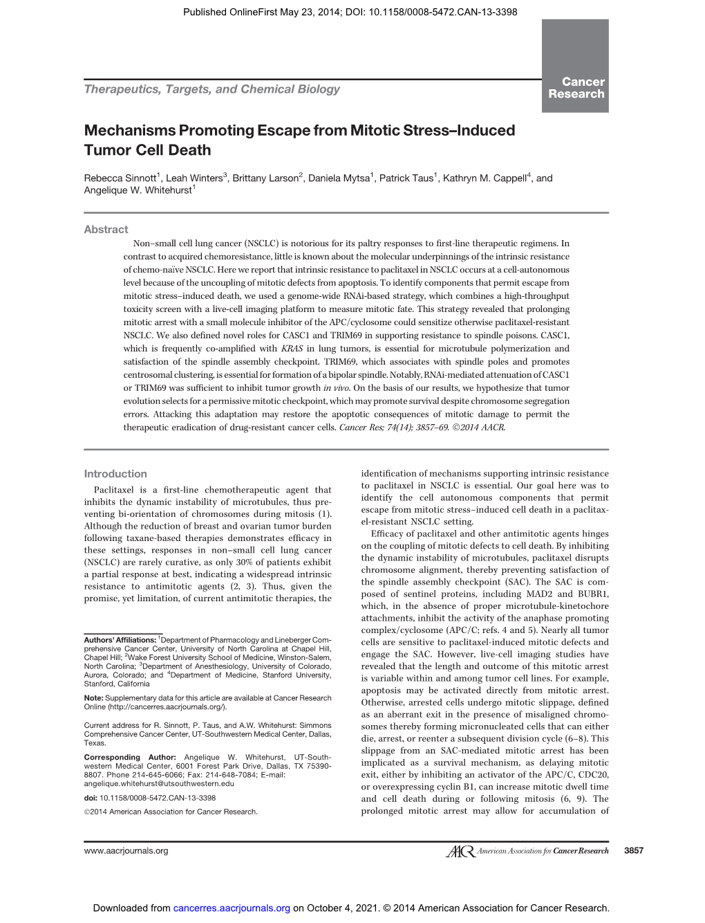 Mechanisms Promoting Escape from Mitotic Stress–Induced Tumor Cell Death