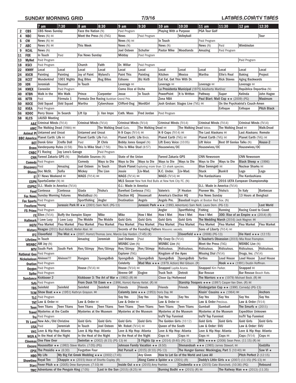 Sunday Morning Grid 7/3/16 Latimes.Com/Tv Times