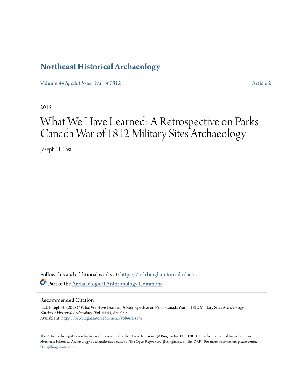 A Retrospective on Parks Canada War of 1812 Military Sites Archaeology Joseph H