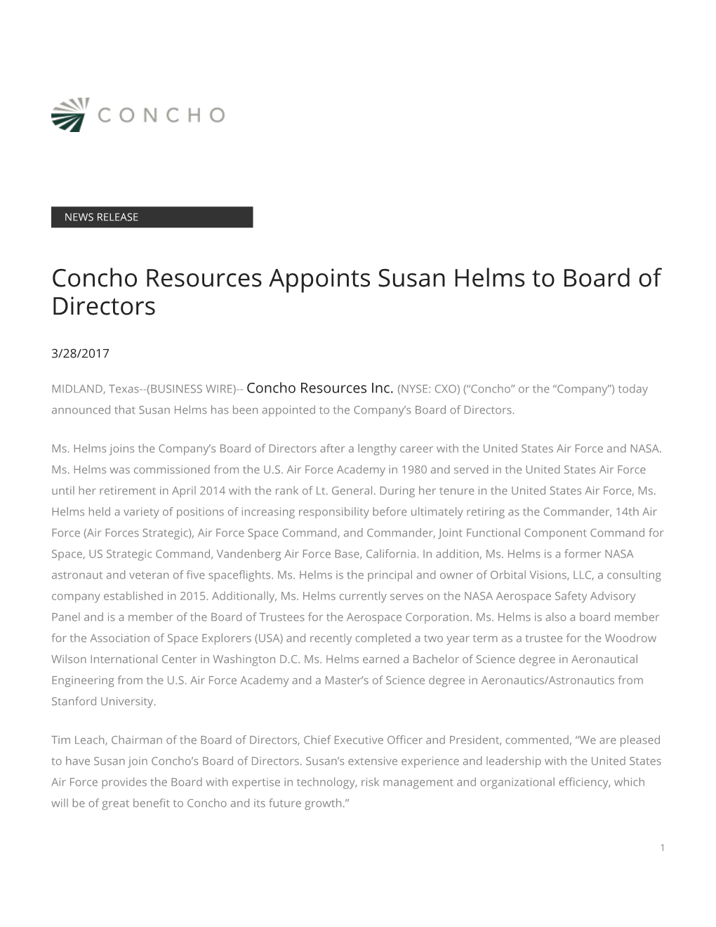 Concho Resources Appoints Susan Helms to Board of Directors