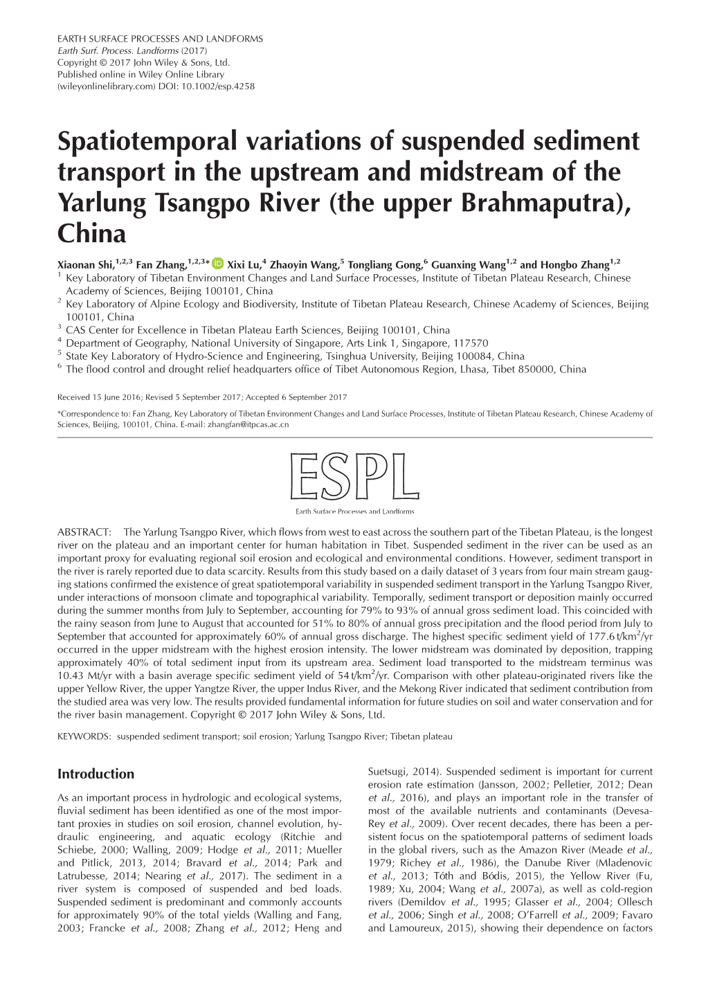 Spatiotemporal Variations of Suspended Sediment Transport in the Upstream and Midstream of the Yarlung Tsangpo River (The Upper Brahmaputra), China