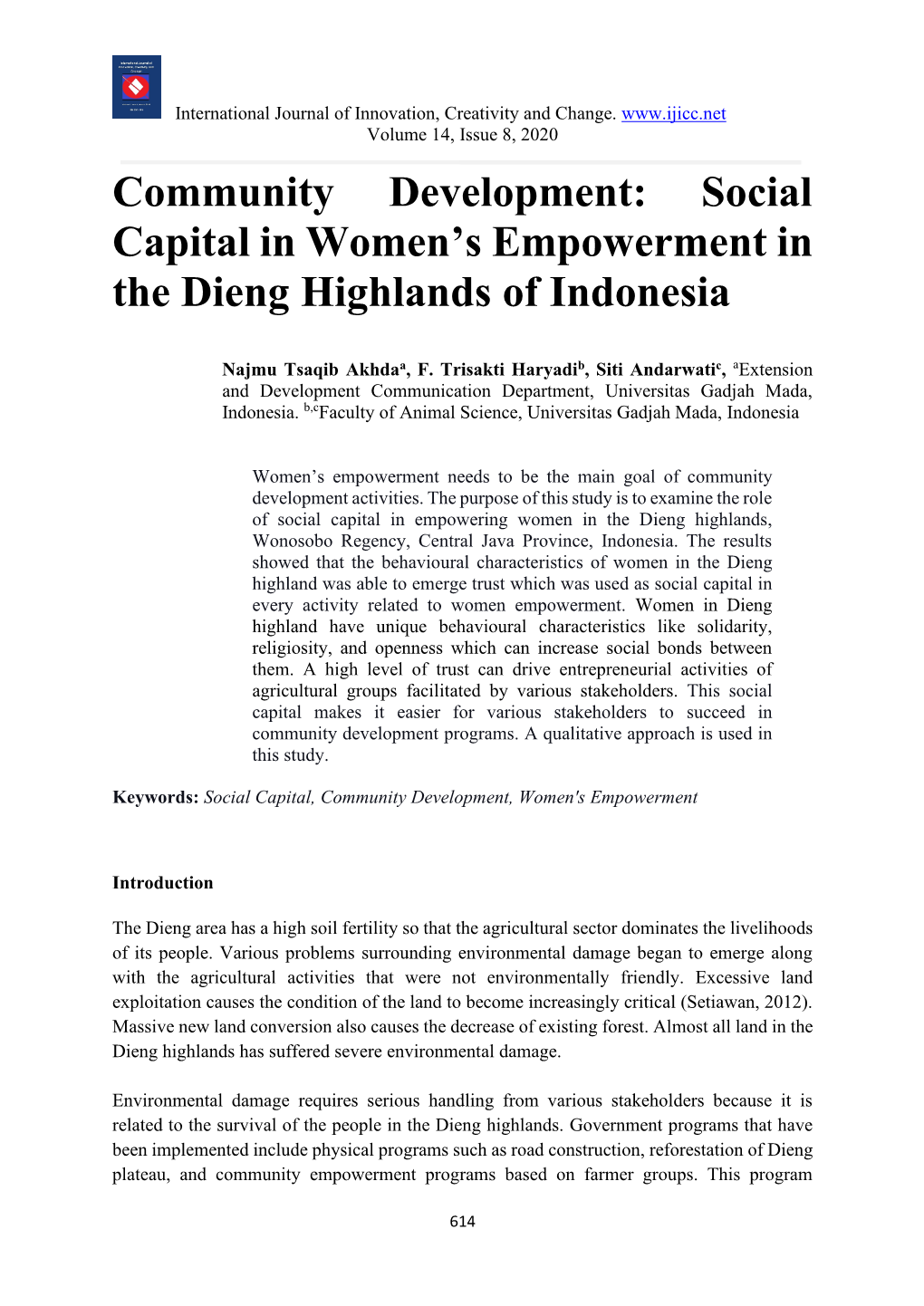 Community Development: Social Capital in Women's Empowerment in the Dieng Highlands of Indonesia