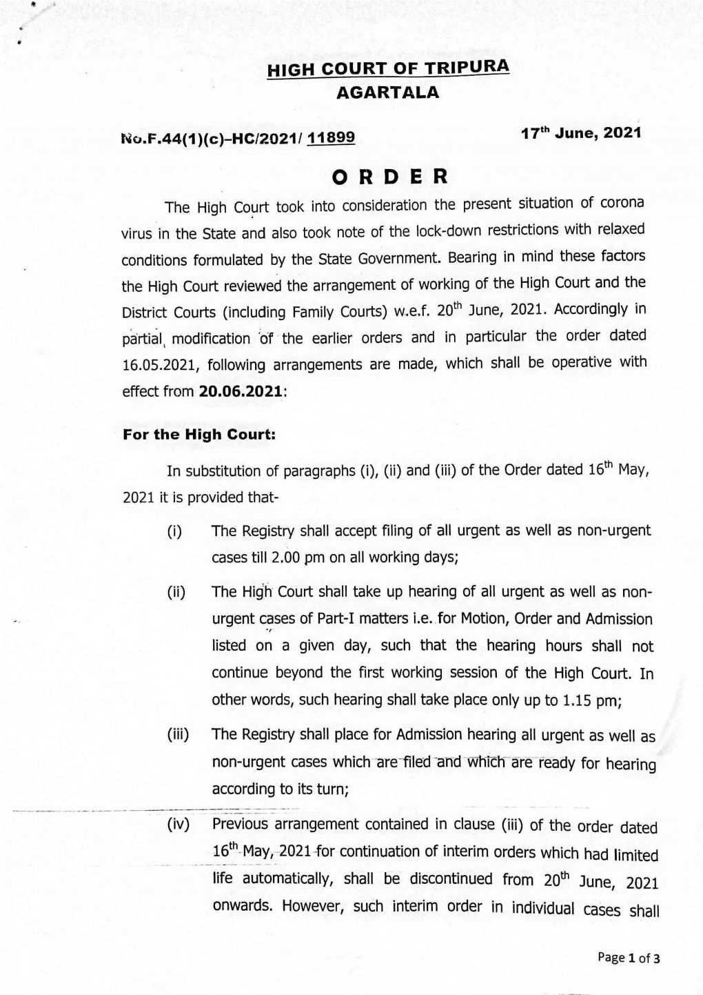 Order Dated 17-06-2021 Regarding Arrangement of Working of the High Court and the District