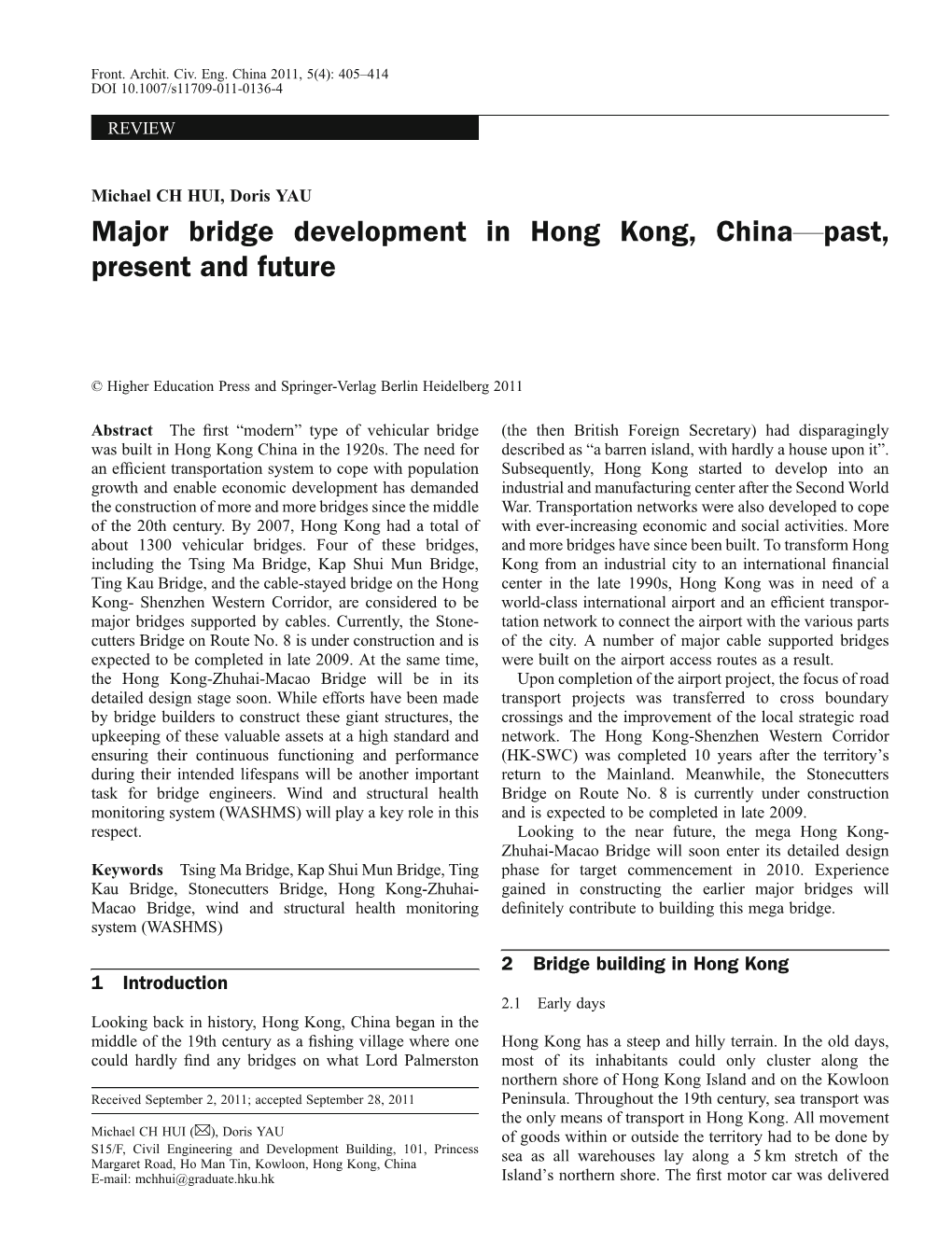 Major Bridge Development in Hong Kong, China—Past, Present and Future