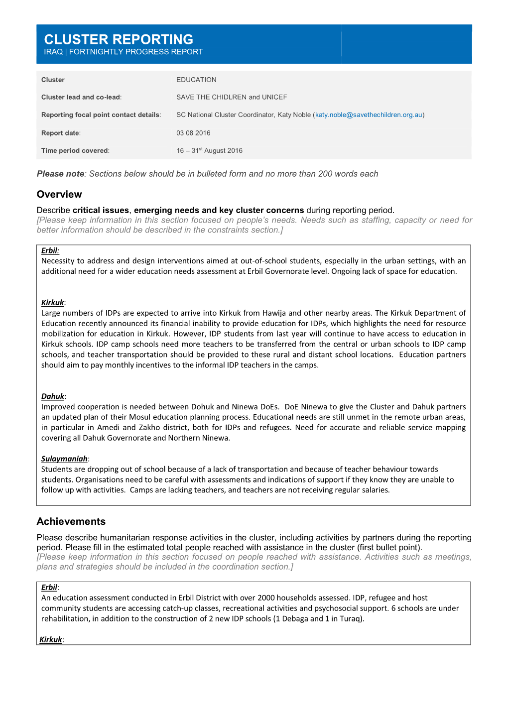 Cluster Reporting Iraq | Fortnightly Progress Report