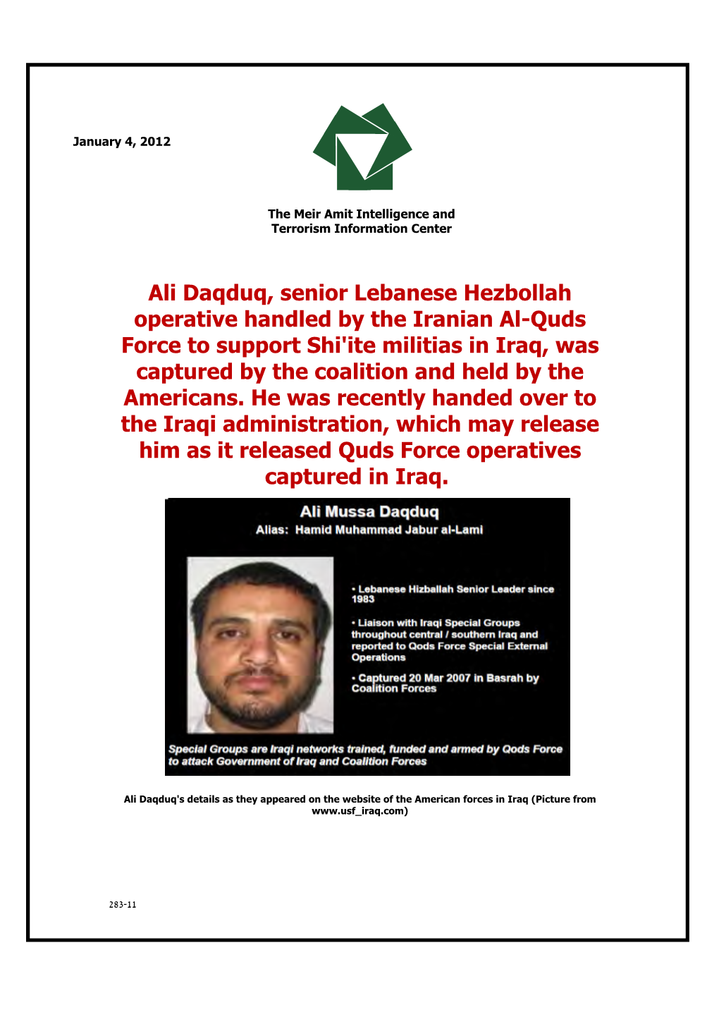Ali Daqduq, Senior Lebanese Hezbollah Operative Handled by The