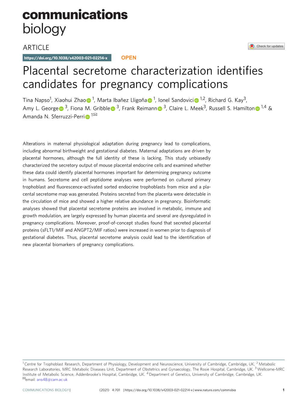 Placental Secretome Characterization Identifies Candidates for Pregnancy