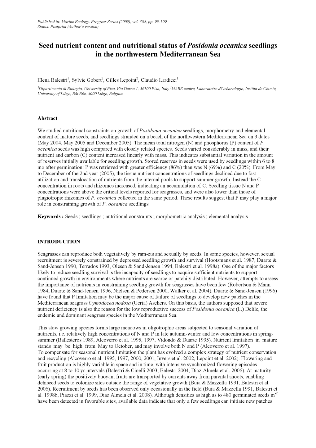 Seed Nutrient Content and Nutritional Status Oí Posidonia Oceanica