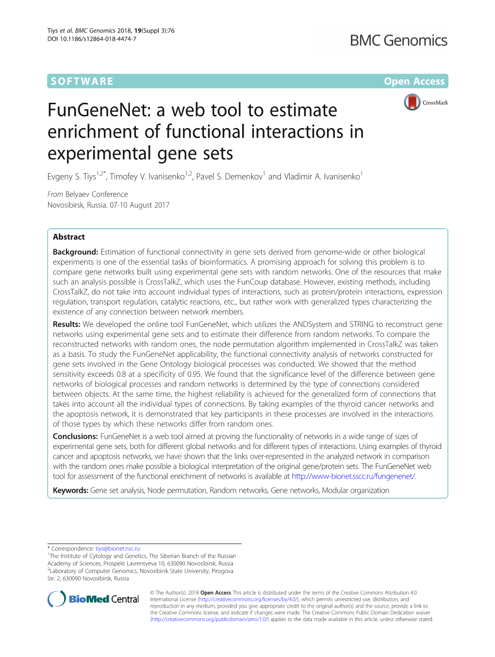 Fungenenet: a Web Tool to Estimate Enrichment of Functional Interactions in Experimental Gene Sets Evgeny S