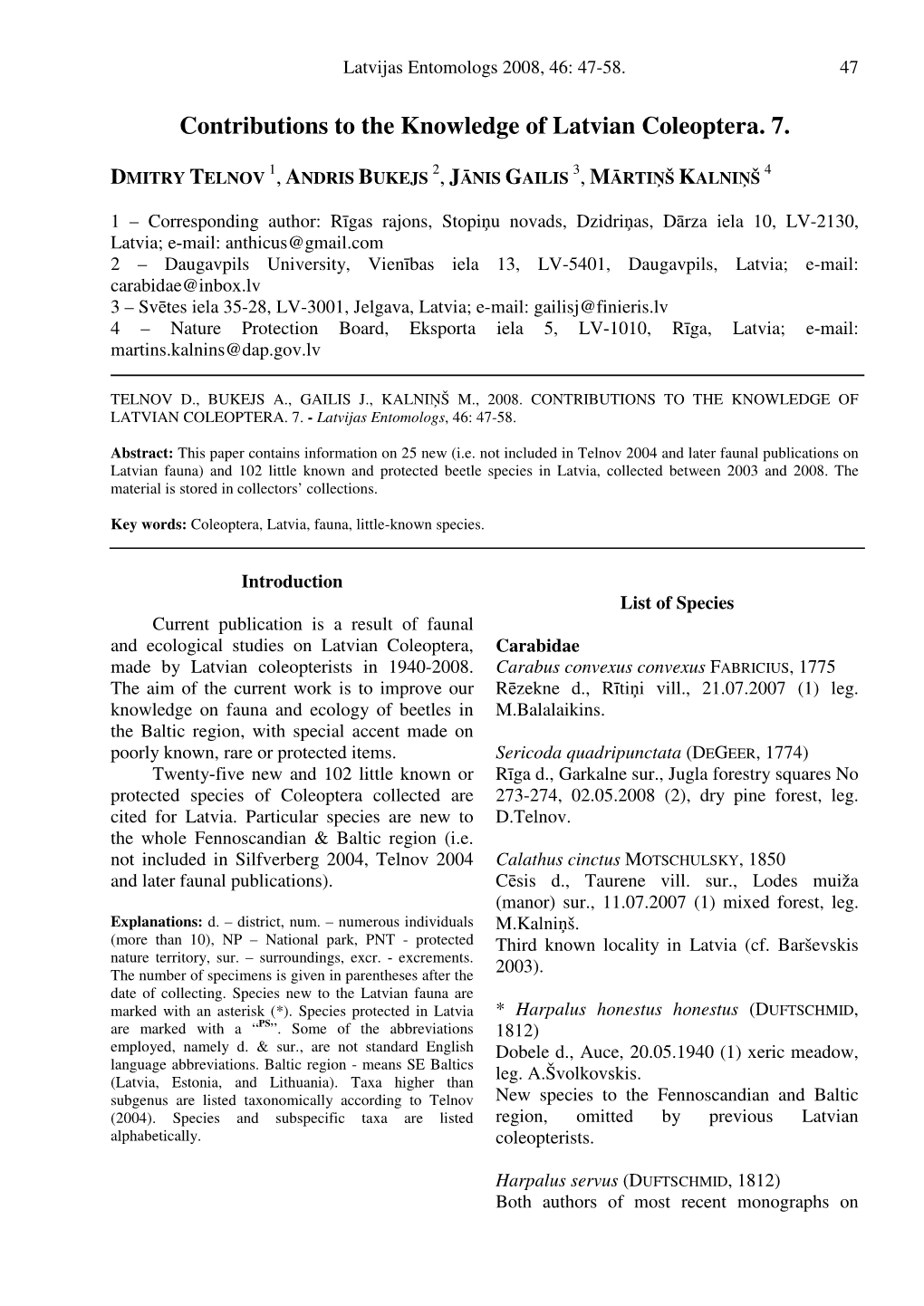 Contributions to the Knowledge of Latvian Coleoptera. 7