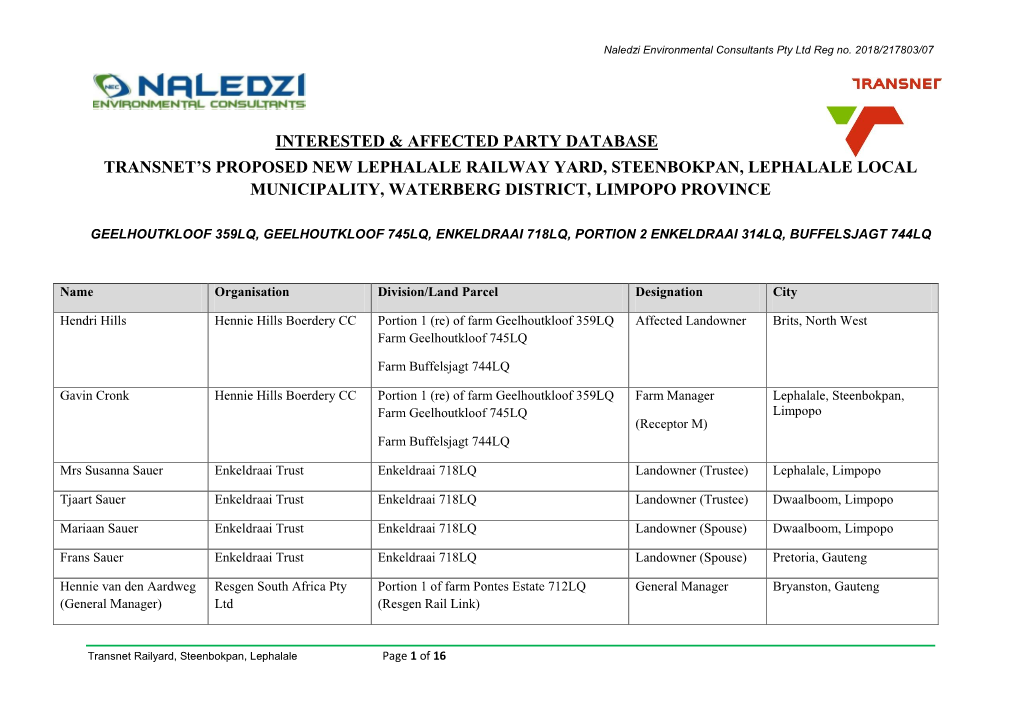 Volume 3 Appendix 3A I&AP Database