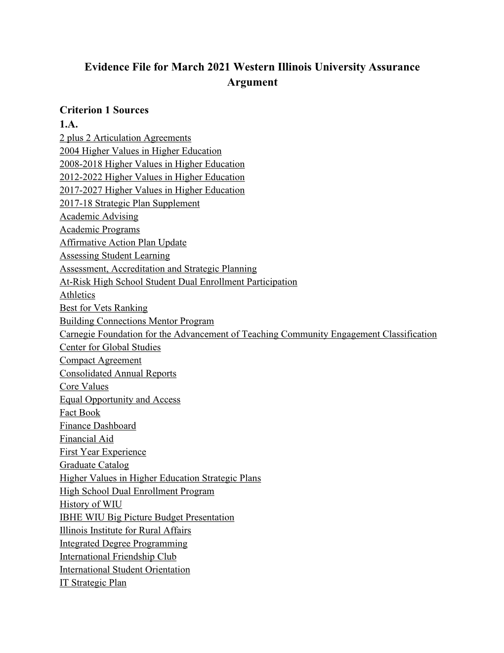 Evidence File for March 2021 Western Illinois University Assurance Argument