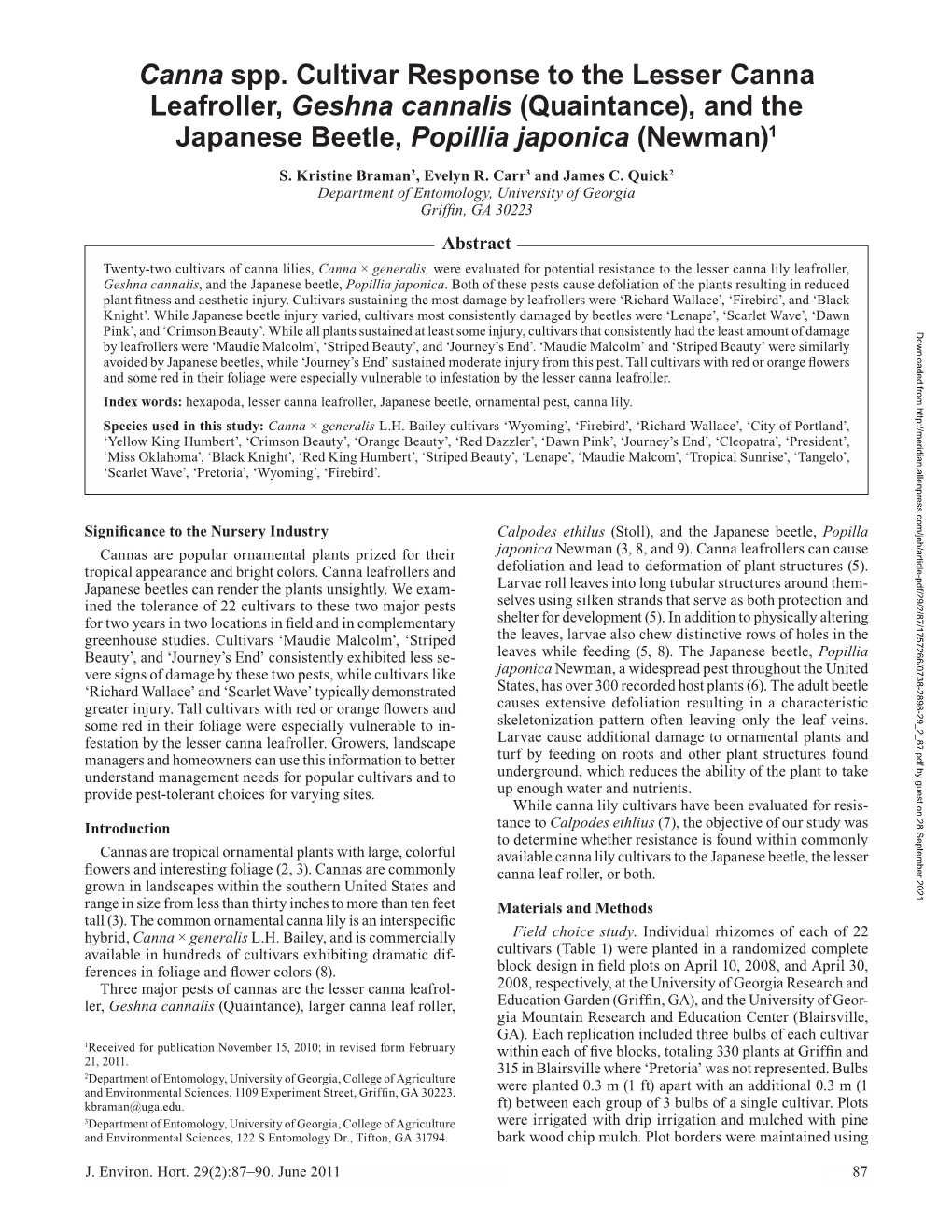 Canna Spp. Cultivar Response to the Lesser Canna Leafroller, Geshna Cannalis (Quaintance), and the Japanese Beetle, Popillia Japonica (Newman)1