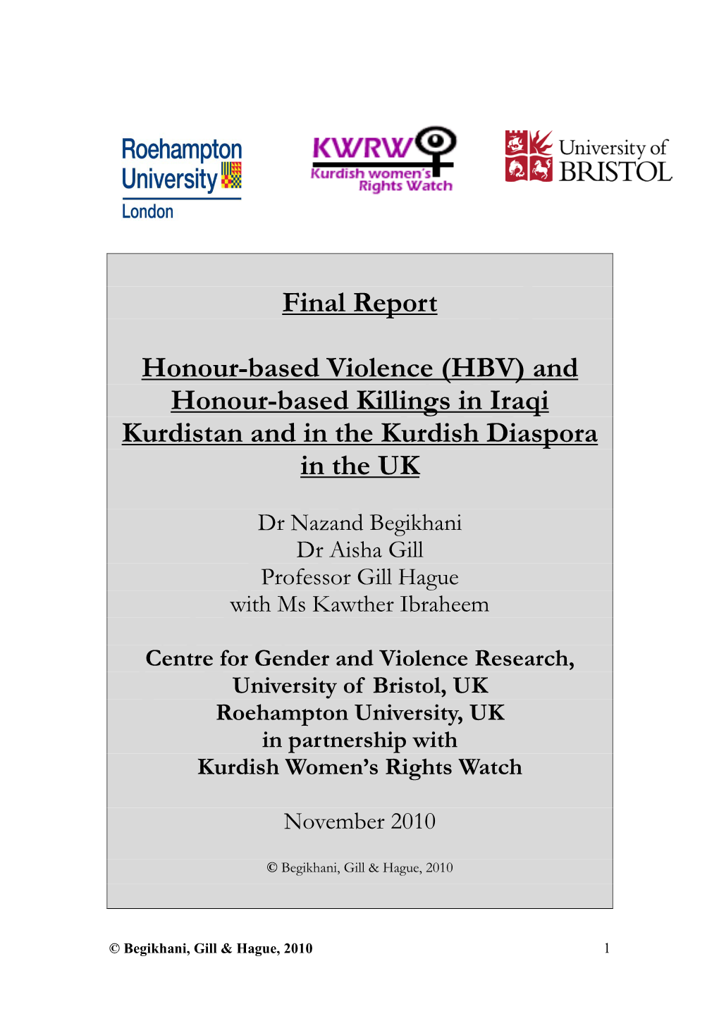 Honour Based Violence Report IKR and Kurdish Diaspora