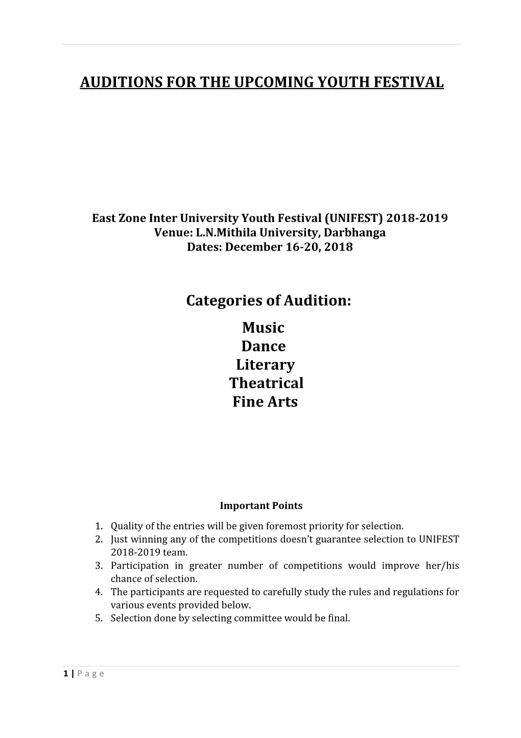 Auditions for the Upcoming Youth Festival