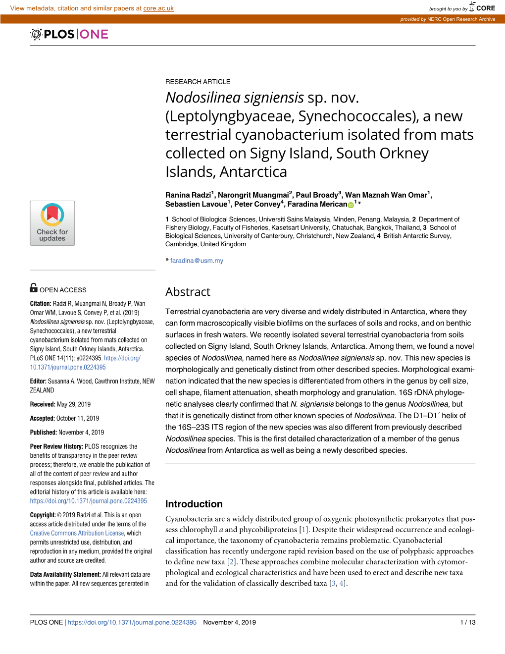 Leptolyngbyaceae, Synechococcales), a New Terrestrial Cyanobacterium Isolated from Mats Collected on Signy Island, South Orkney Islands, Antarctica