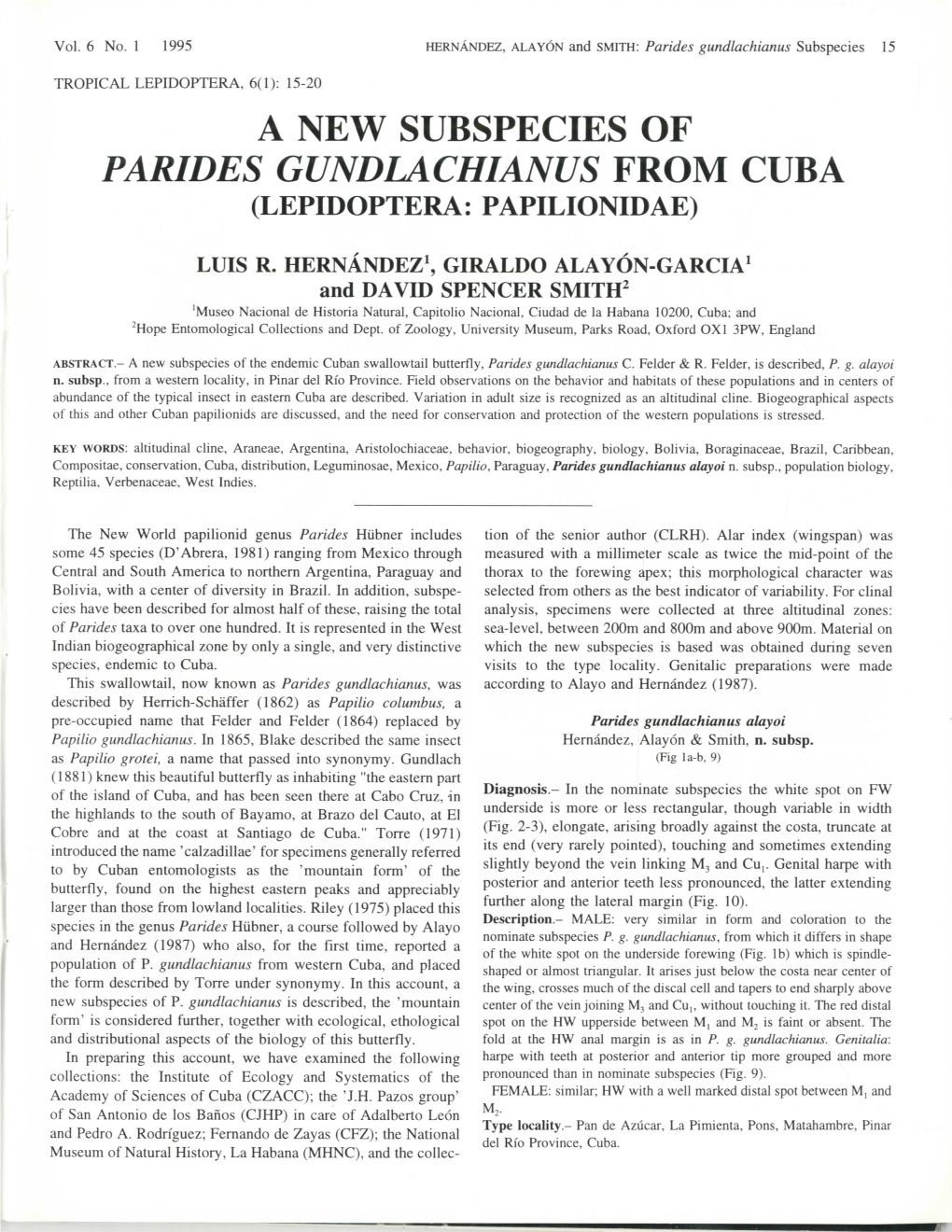 A New Subspecies of Parides Gundlachianus from Cuba (Lepidoptera: Papilionidae)