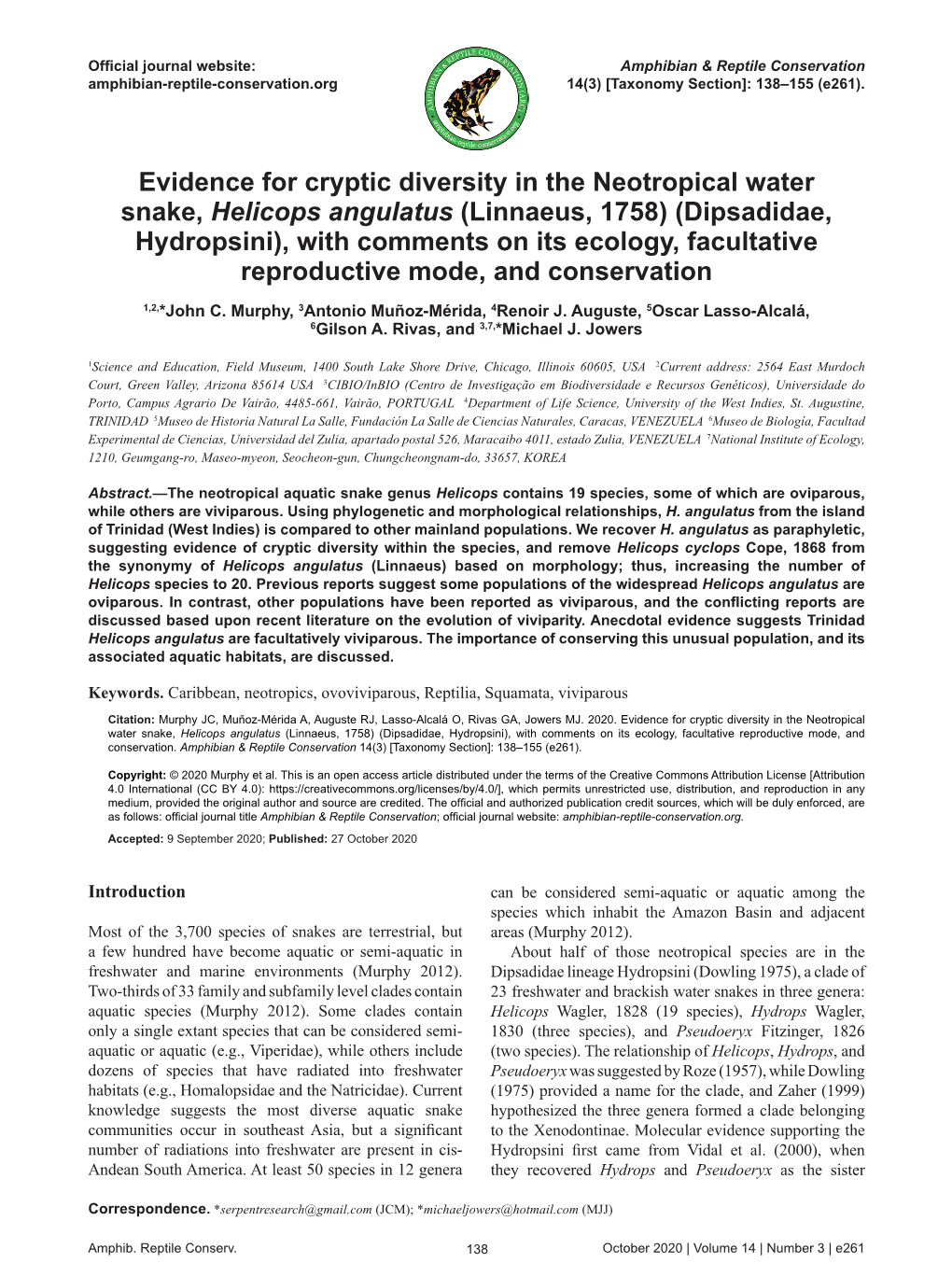 Evidence for Cryptic Diversity in the Neotropical Water Snake, Helicops Angulatus