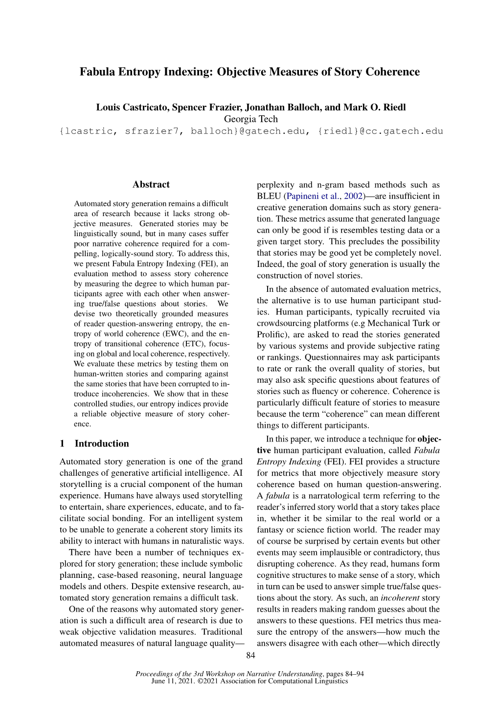 Fabula Entropy Indexing: Objective Measures of Story Coherence