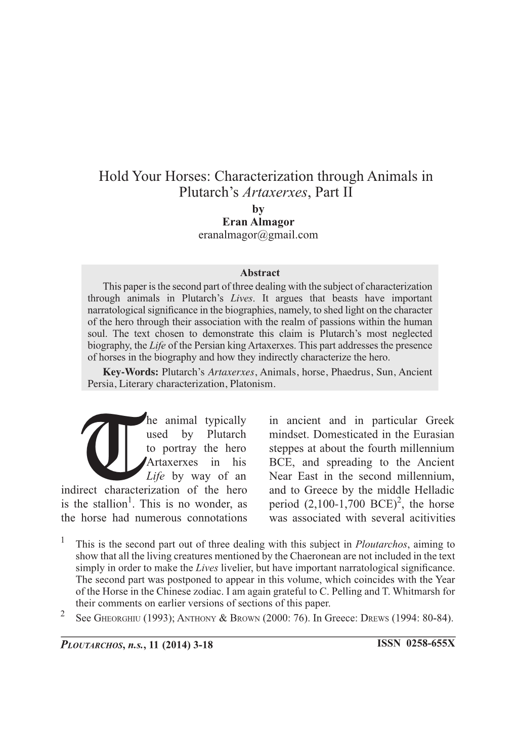 Hold Your Horses: Characterization Through Animals in Plutarch’S Artaxerxes, Part II by Eran Almagor Eranalmagor@Gmail.Com