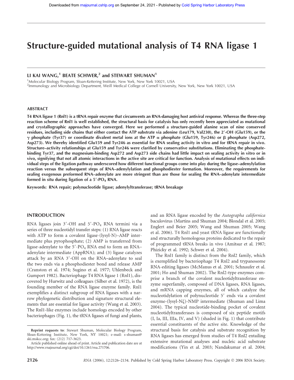 Structure-Guided Mutational Analysis of T4 RNA Ligase 1