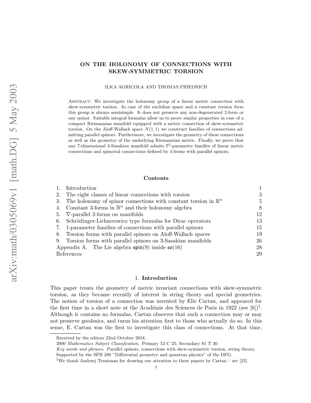 [Math.DG] 5 May 2003 Es,E Atnwsteﬁs Oivsiaeti Ls Fcon of Class This Investigate to ﬁrst the Thos to Was ﬁrst Cartan Attention E