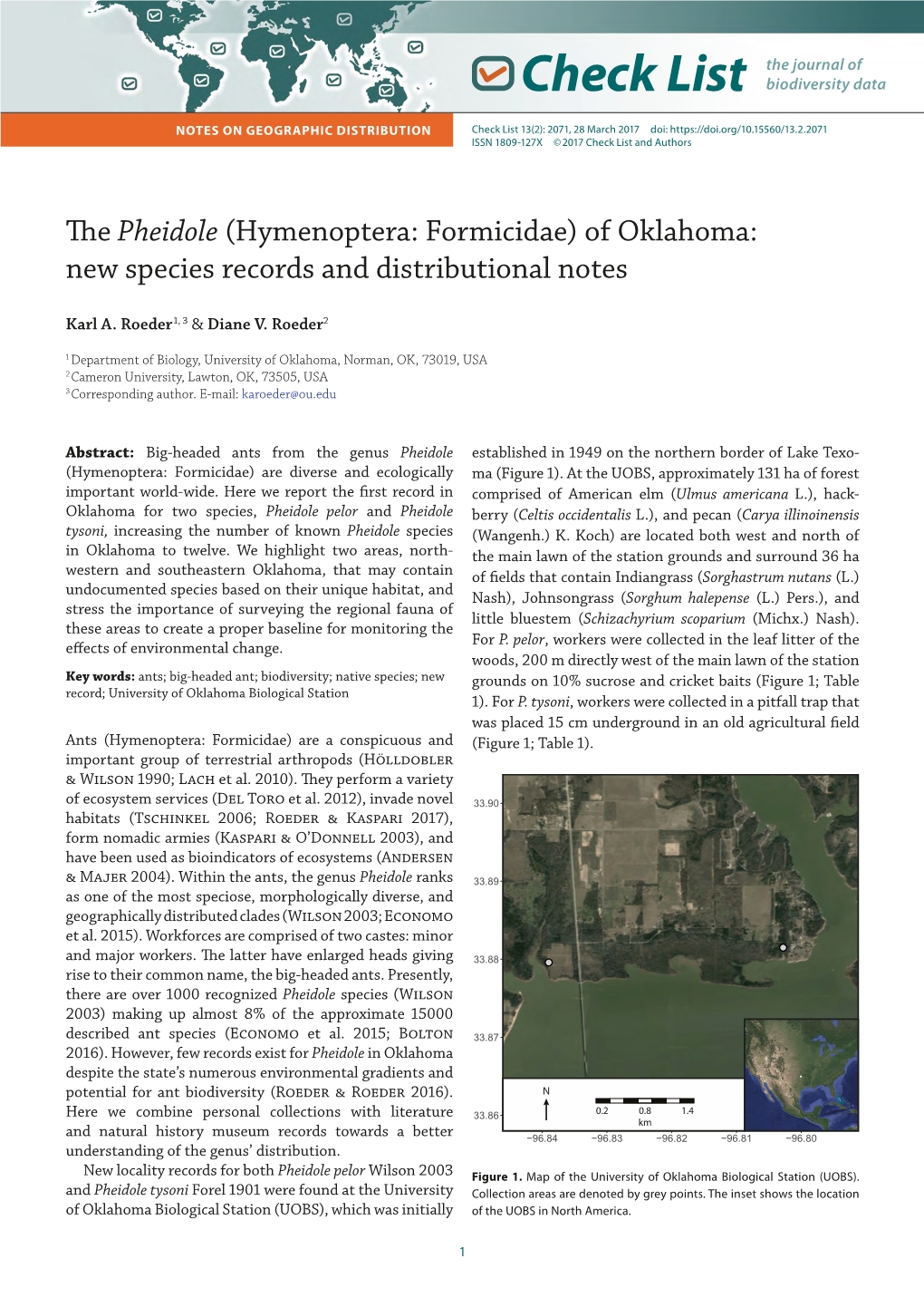 The Pheidole (Hymenoptera: Formicidae) of Oklahoma: New Species Records and Distributional Notes