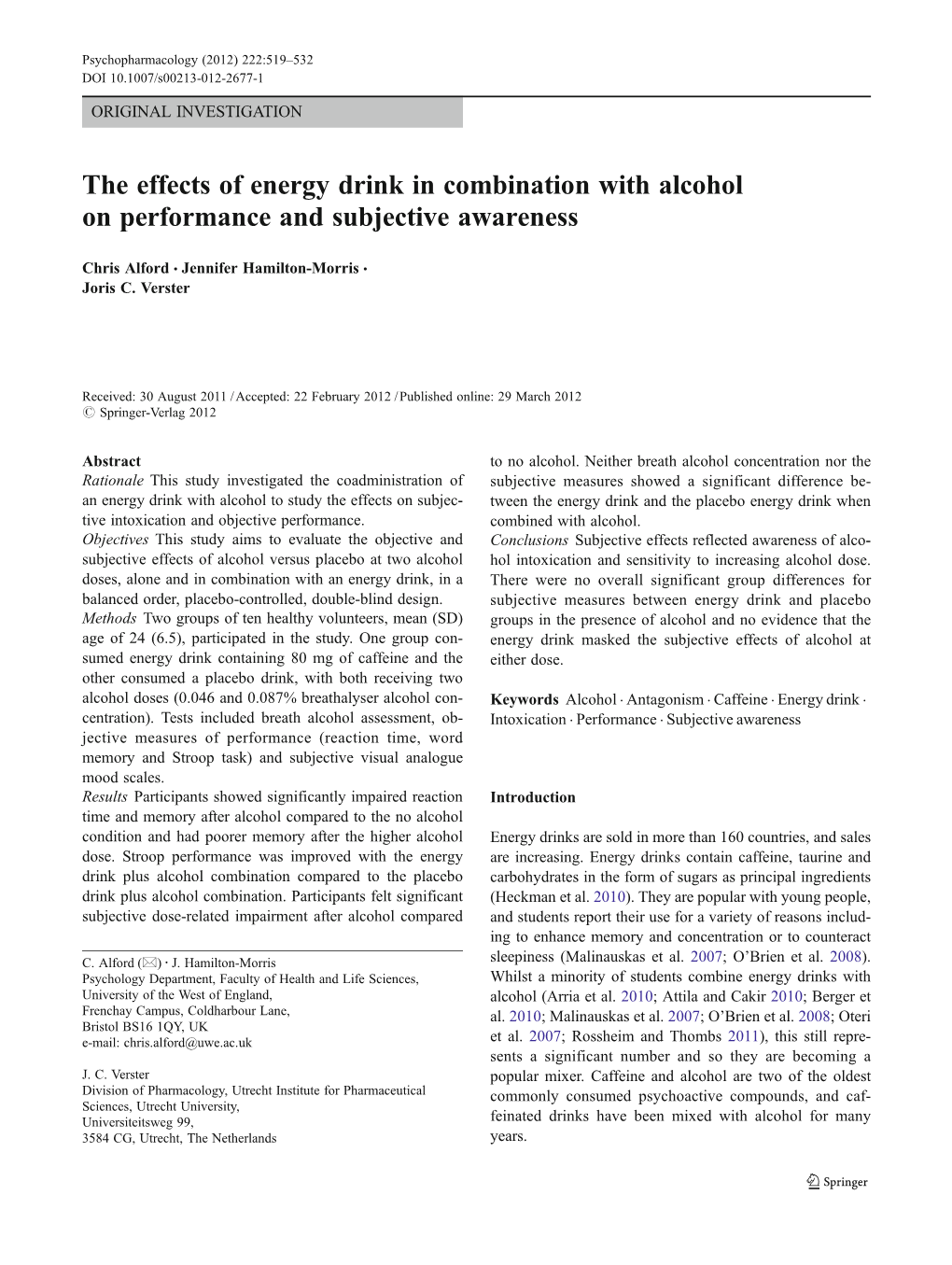 The Effects of Energy Drink in Combination with Alcohol on Performance and Subjective Awareness