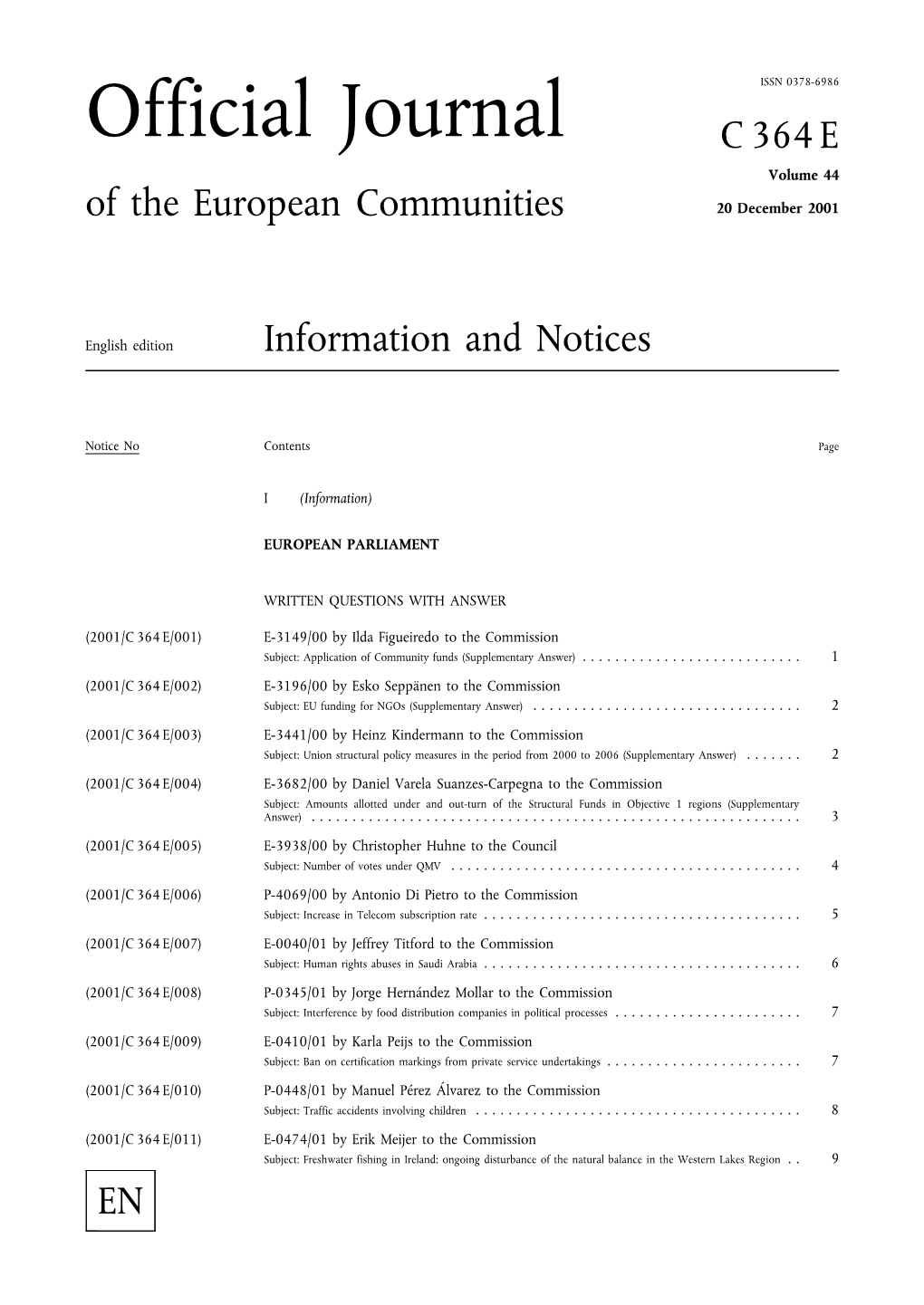 Official Journal C 364 E Volume 44 of the European Communities 20 December 2001