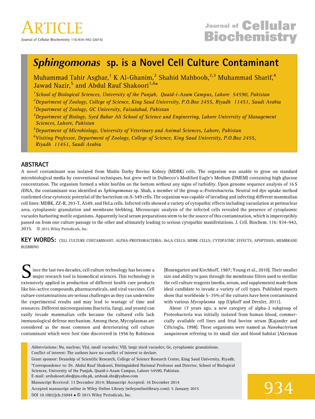Sphingomonas Sp. Is a Novel Cell Culture Contaminant