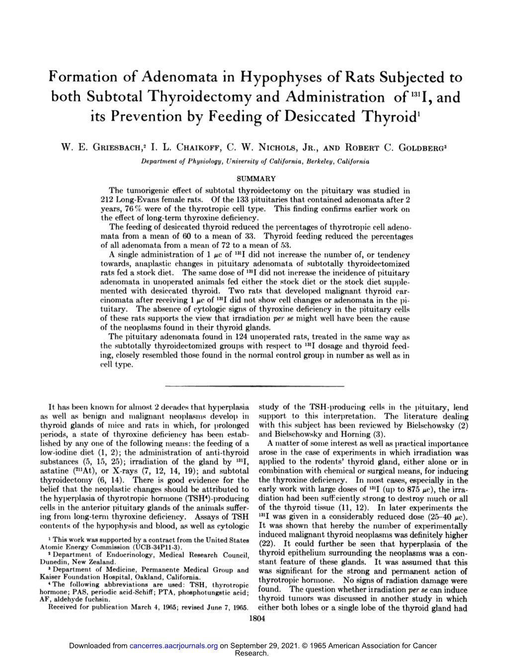 Formation of Adenomata in Hypophyses of Rats Subjected to Both Subtotal Thyroidectomy and Administration Of'311,And Its Preventi