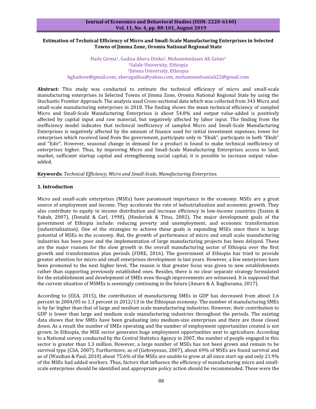 Estimation of Technical Efficiency of Micro and Small-Scale Manufacturing Enterprises in Selected Towns of Jimma Zone, Oromia National Regional State