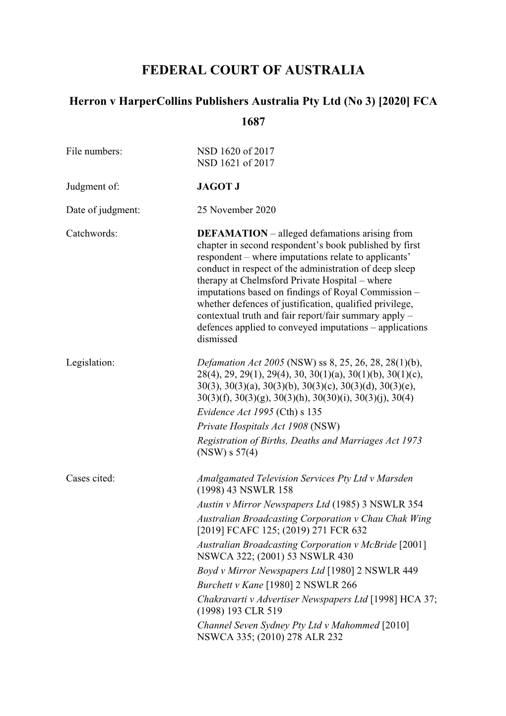 Herron V Harpercollins Publishers Australia Pty Ltd (No 3) [2020] FCA 1687