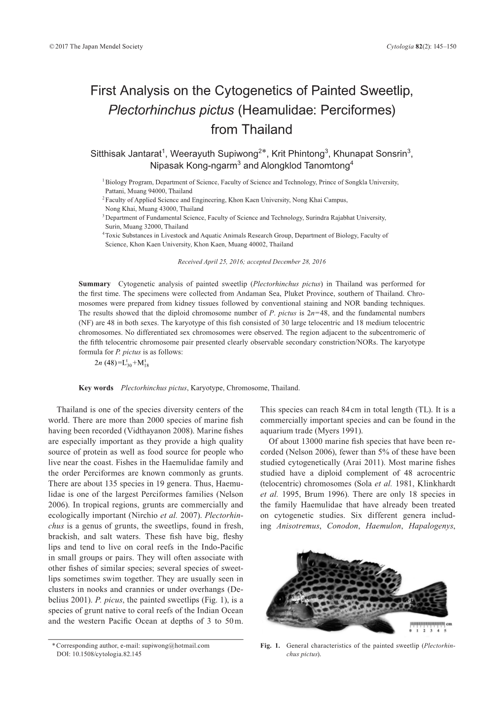 First Analysis on the Cytogenetics of Painted Sweetlip, Plectorhinchus Pictus (Heamulidae: Perciformes) from Thailand