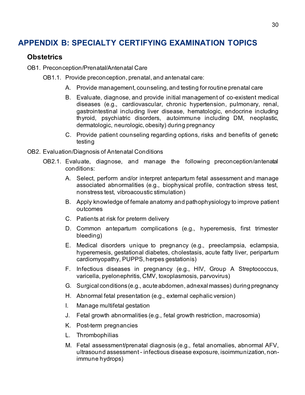 APPENDIX B: SPECIALTY CERTIFYING EXAMINATION TOPICS Obstetrics OB1